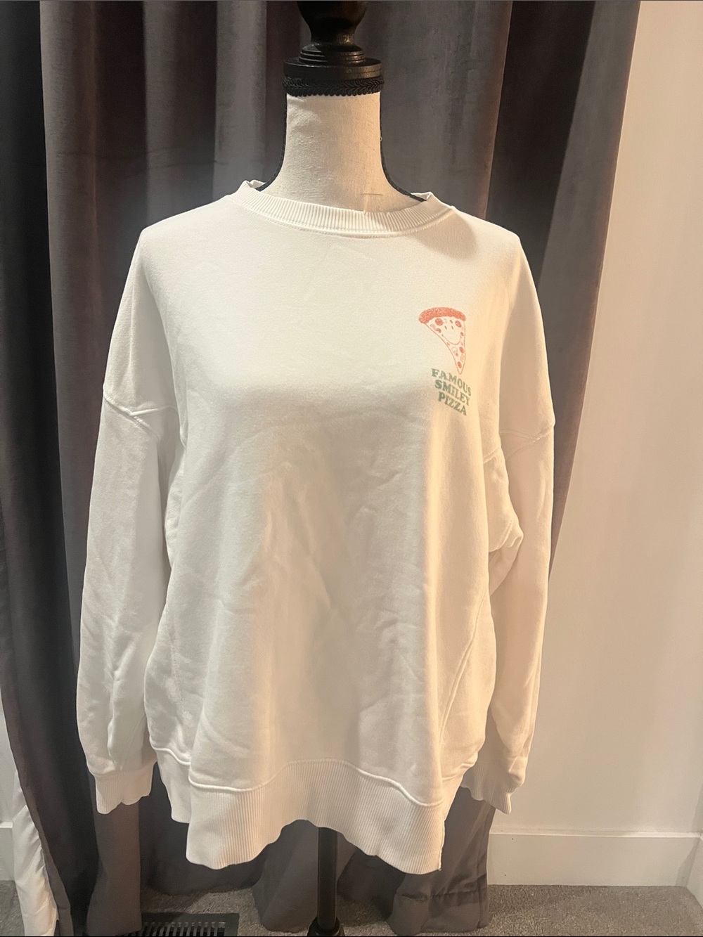 aerie Cream Crewneck Sweatshirt with Small Pizza Chest Graphic